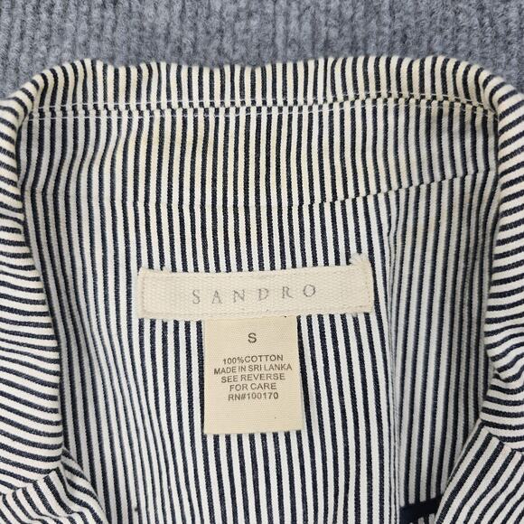 Sandro Blazer Womens Small Navy Career Cotton Two Button Jacket Pinstripe Preppy - Picture 3 of 9